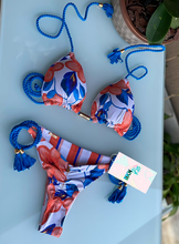 Load image into Gallery viewer, Brazilian Booty Lift Bikini | Tie Side | Flower Blue Print