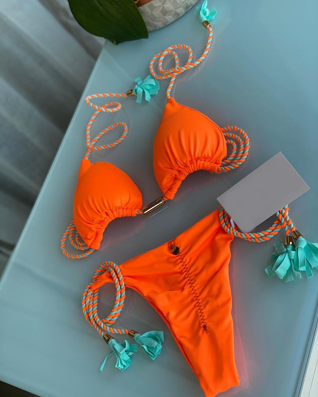 Brazilian Triangle Bikini | Tie Side Bottom | Double Side | Orange