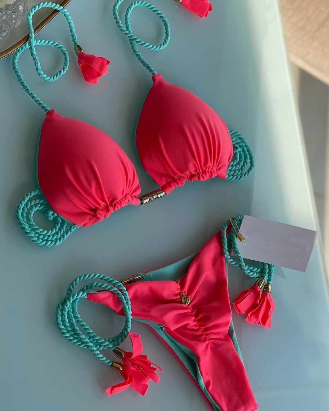Brazilian Triangle Bikini | Tie Side Bikini Bottom | Double Side | Fluorescent Pink and Turquoise