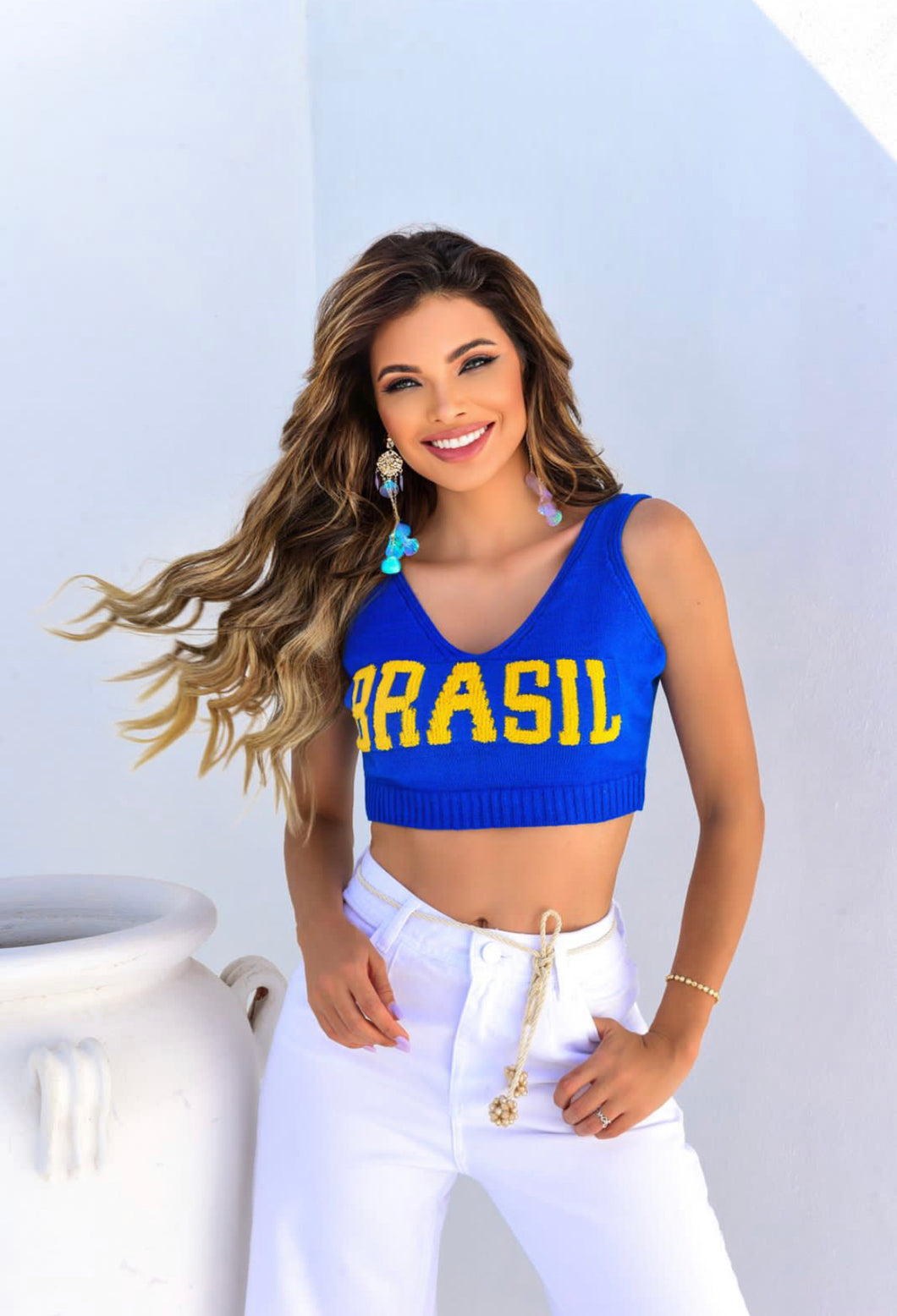 Brazil Crop Knit Letter Graphic Top Blue – BKN FROM RIO