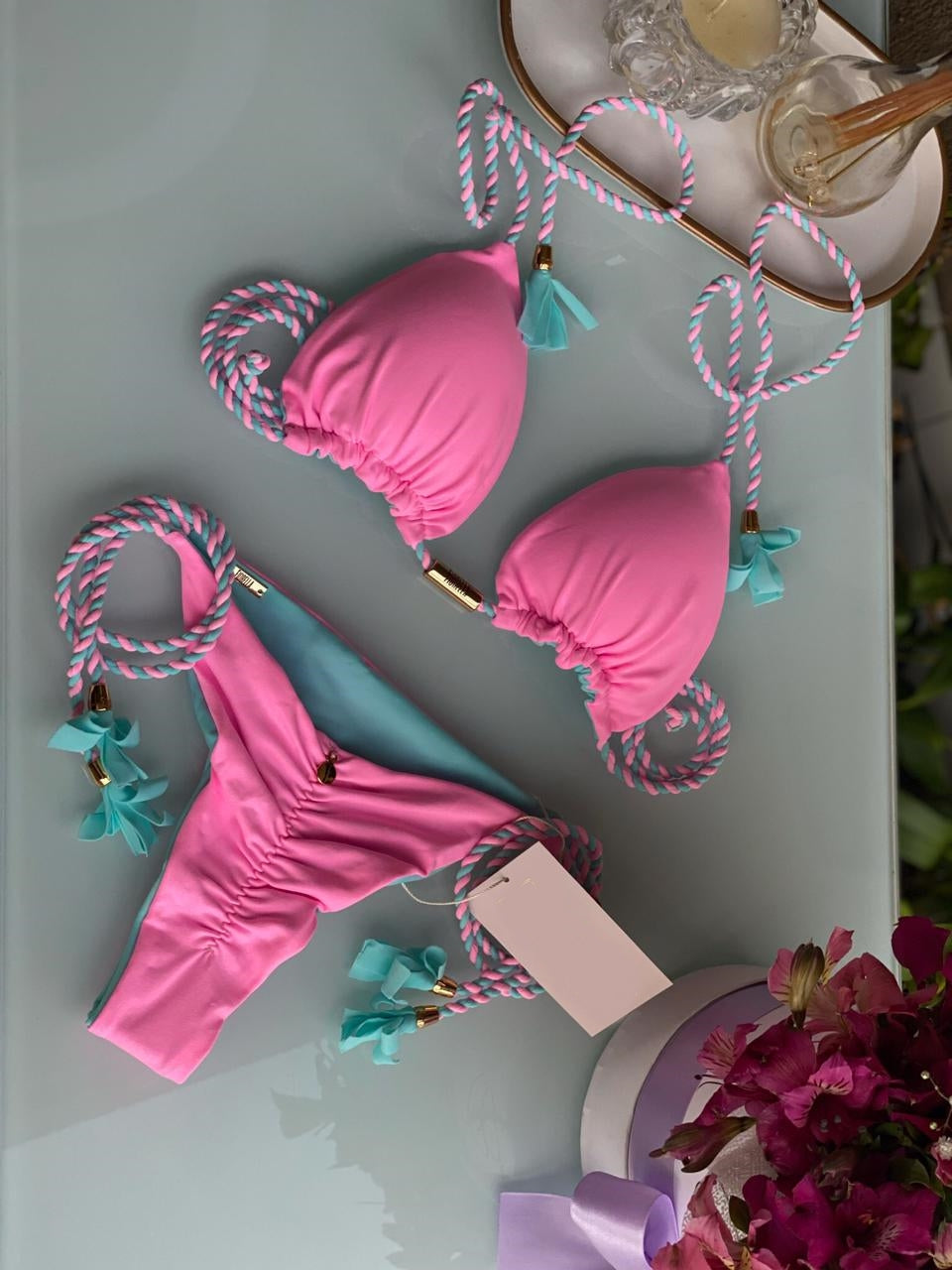 Brazilian Triangle Bikini | Tie Side Bikini Bottom | Double Side | Pink and Turquoise