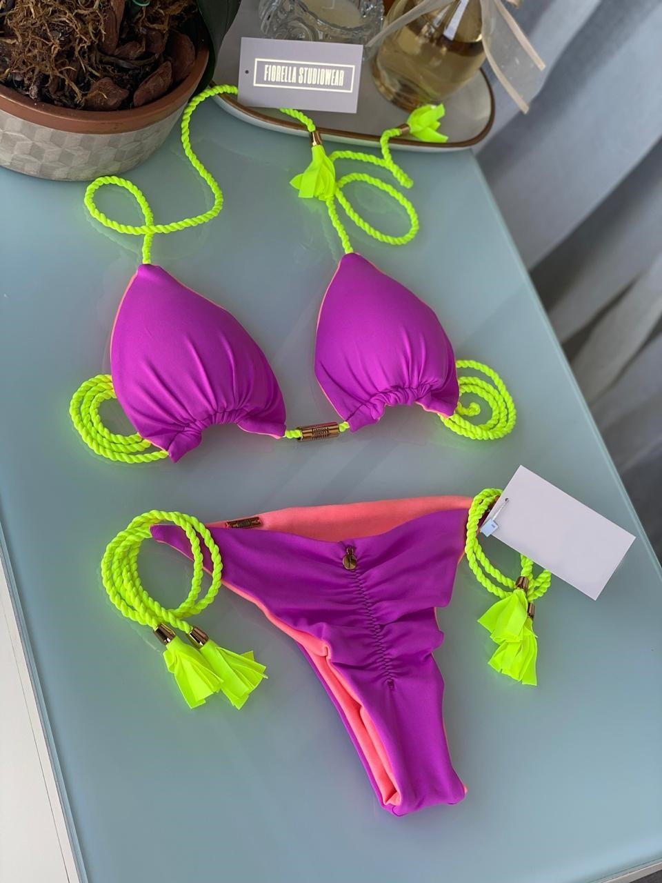 Brazilian Triangle Bikini | Tie Side Bikini Bottom | Double Side | Purple and Yellow