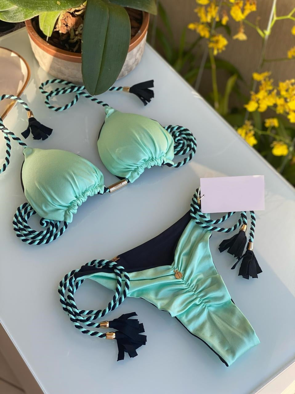 Brazilian Triangle Bikini | Tie Side Bikini Bottom | Double Side | Turquoise and Black