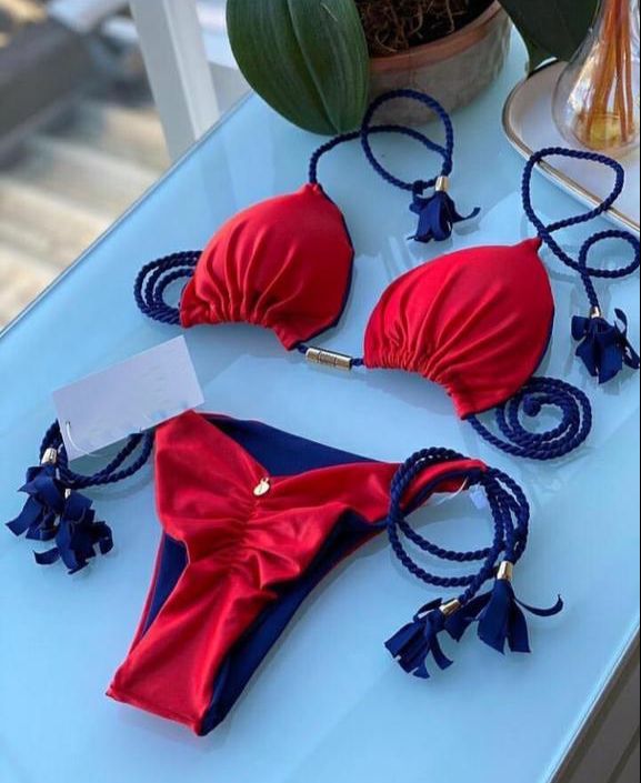 Brazilian Triangle Bikini | Tie Side Bikini Bottom | Double Side | Red & Blue