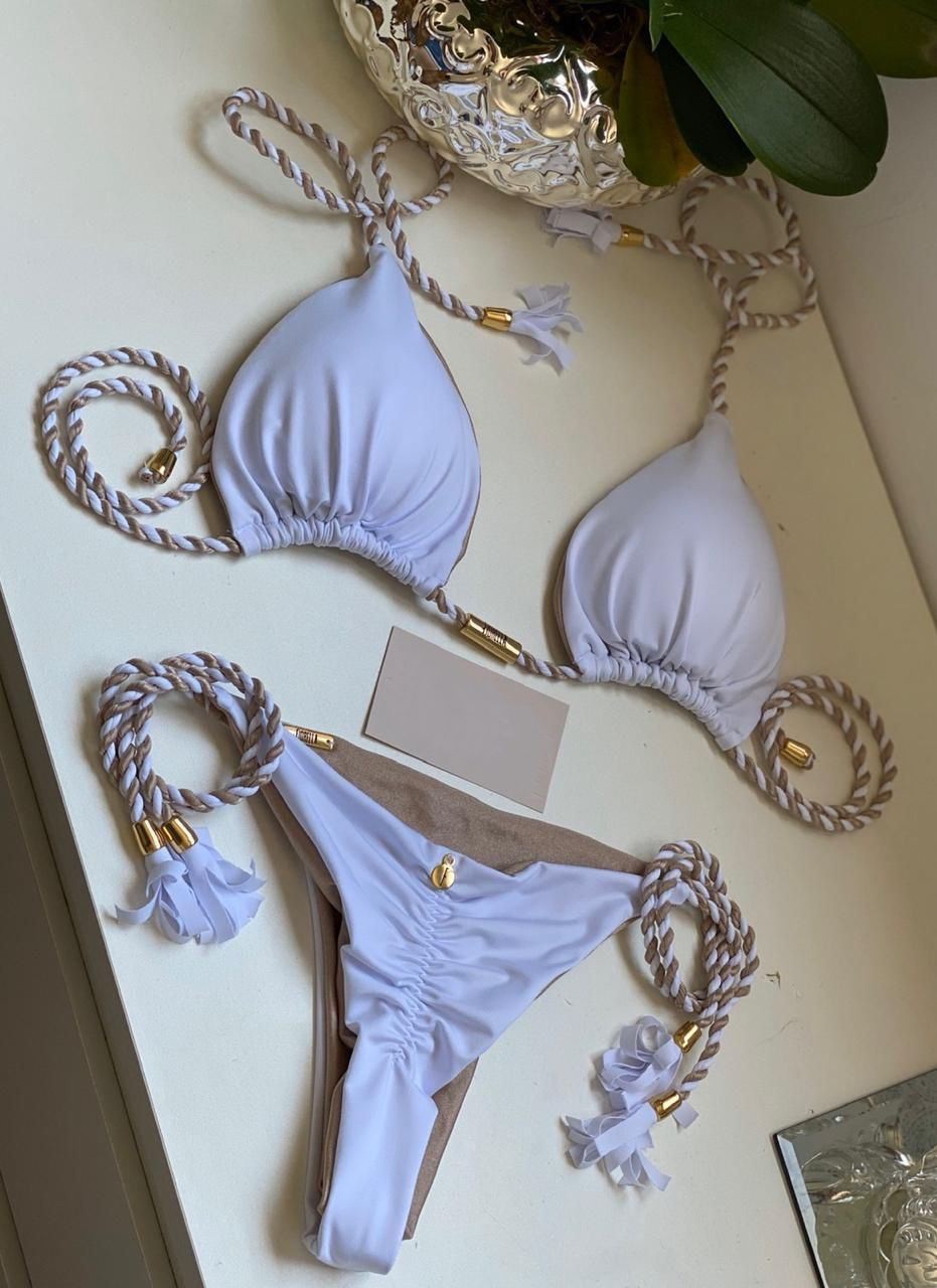 Rose Gold Brazilian Triangle Bikini | Tie Side Bikini Bottom | Double Side | Rose Gold and White
