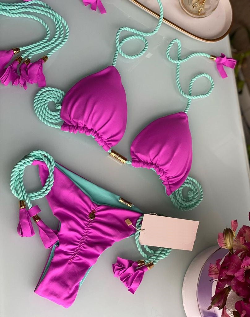 Triangle Bikini | Double Side | Pink and Turquoise