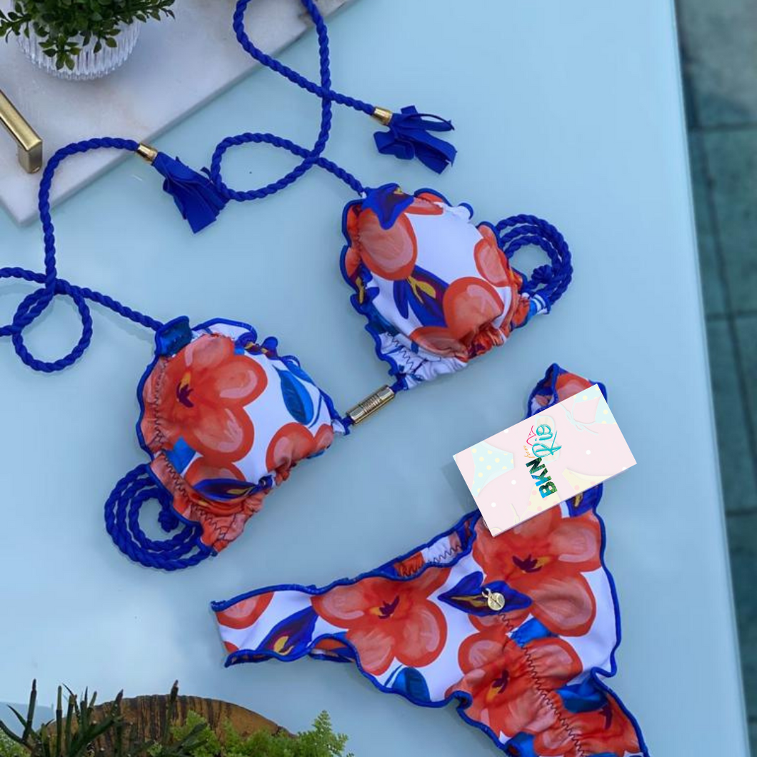 Brazilian Booty Lift Bikini | Double Side | Flower Blue Print
